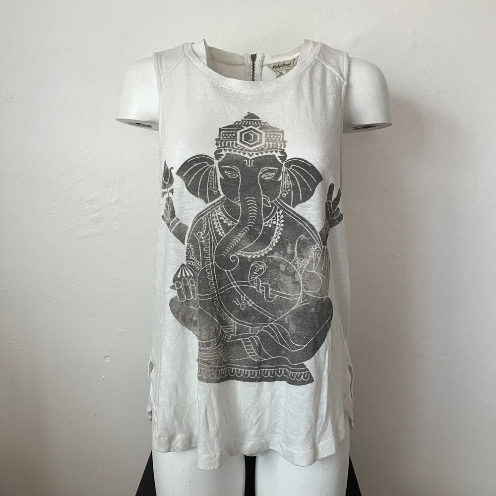 Lucky Brand Womens XL Cream Ganesha Graphic Sleeveless Tank Top Back Zip Slit